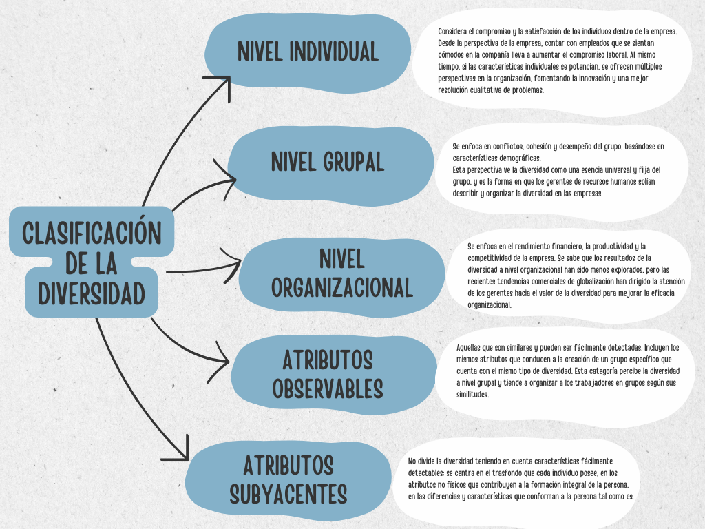 Clasificación de la diversidad según sus niveles (individual, grupal y organizacional) y sus atributos (observables y subyacentes).